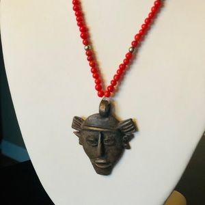 Vintage Funky Brass Tribal Mask Red Glass Necklace